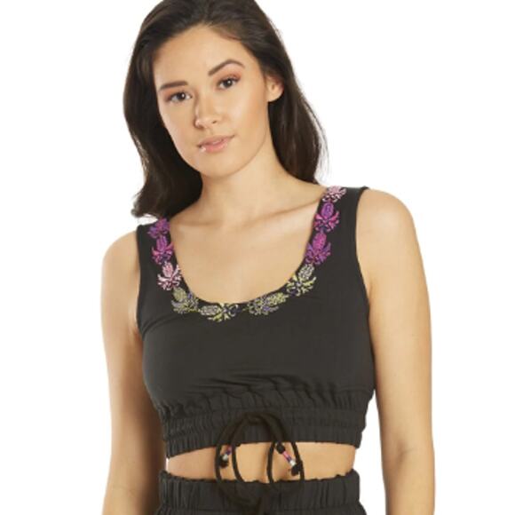 FREE PEOPLE Movement Friday Night Lights Top Yoga Black Small Embroidered - Picture 1 of 4
